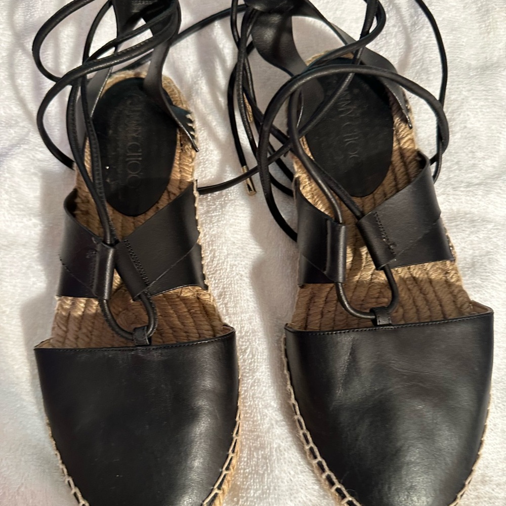 Jimmy Choo Black and Tan Espadrille Sandals